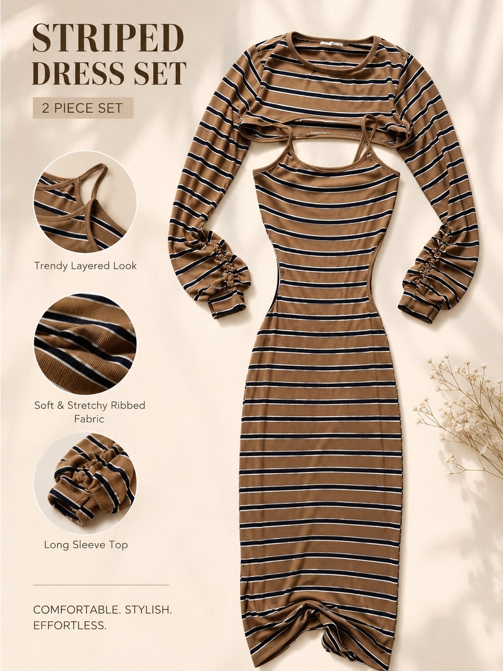 Striped Layered Midi Dress Set - Brown Stripes